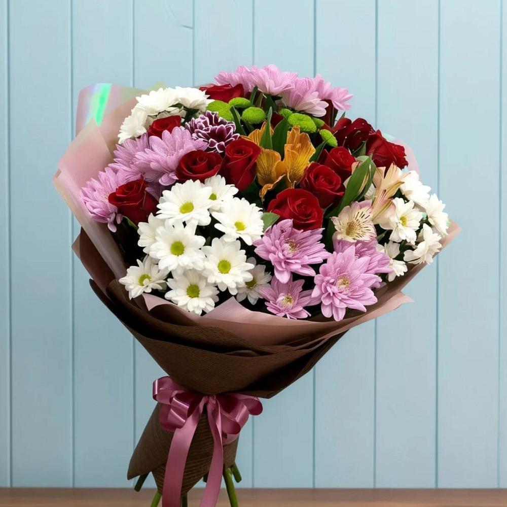 Букет цветов из: Розы, Хризантемы и Альстромерии в Городище Волгоградской области